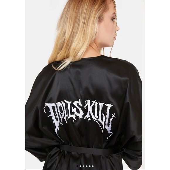 Dolls Kill Other - Dolls Kill Black & White Logo Embroidered Satin Robe w Side Slits One Size New